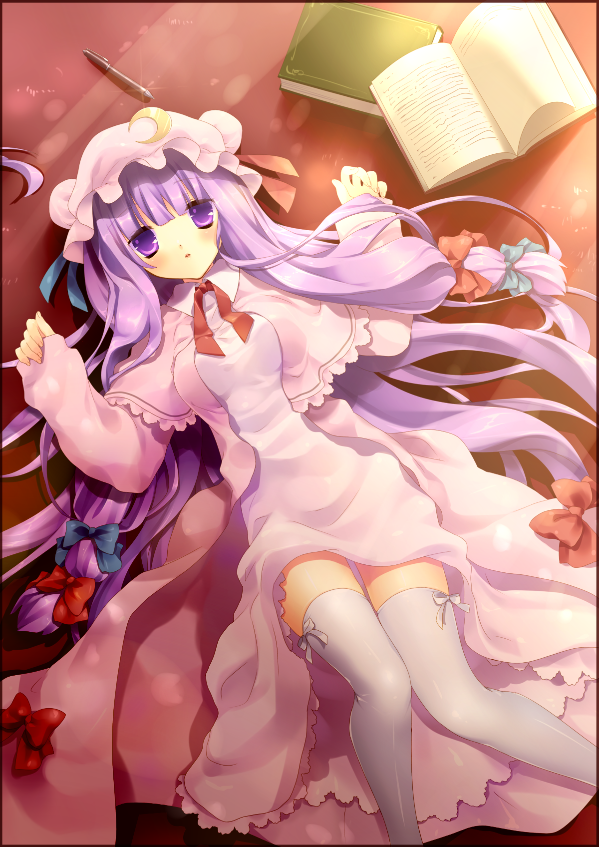 tokira nozumi, patchouli knowledge, touhou, highres, 1girl, book, female focus, hat, long hair, lying, purple eyes, purple hair, ribbon, solo, thighhighs