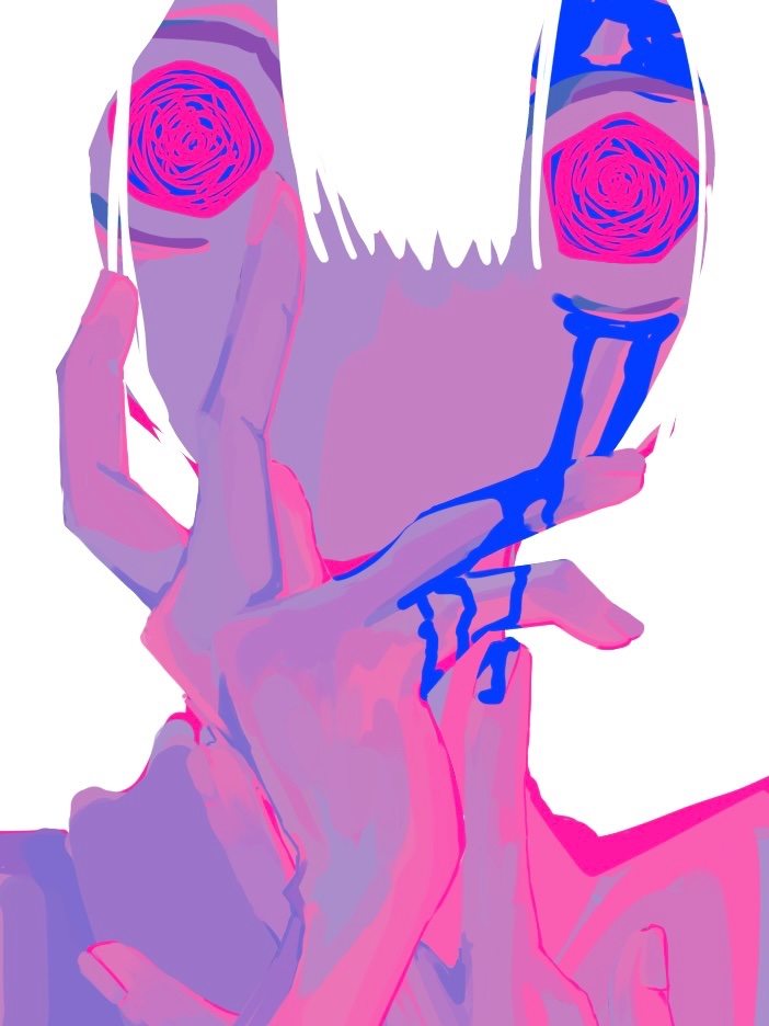 original, 1other, @ @, adip0cere, blood, blood from forehead, bloody tears, blue blood, blunt bangs, hair between eyes, hand up, hands up, looking at viewer, no mouth, portrait, saturated, solo, white hair, wide-eyed