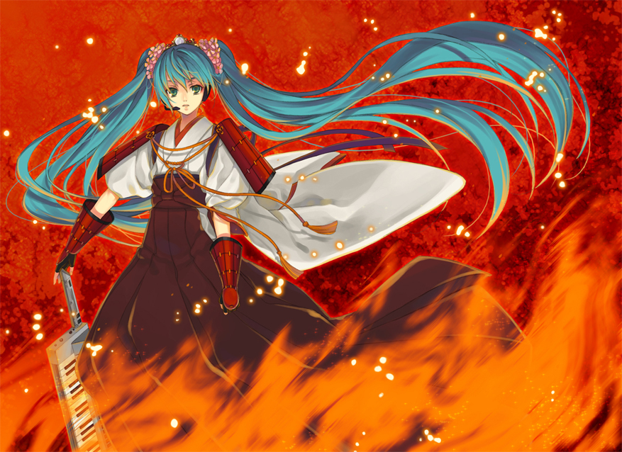 etoichika, hatsune miku, vocaloid, 1girl, aqua eyes, aqua hair, armor, female focus, fingerless gloves, gauntlets, gloves, headset, instrument, japanese clothes, keyboard, keyboard (instrument), long hair, solo, twintails, very long hair