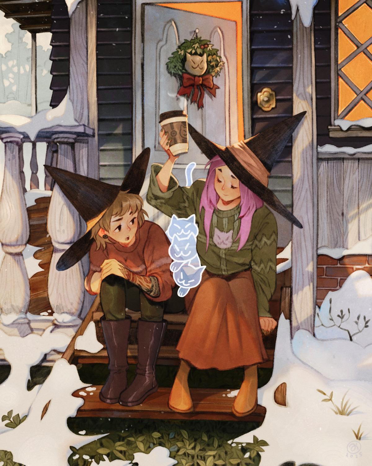 simz, original, highres, 2girls, arm tattoo, black boots, black hat, boots, brown boots, brown hair, brown ribbon, brown skirt, cat, christmas wreath, closed eyes, cup, disposable coffee cup, disposable cup, earrings, ghost, green pants, green sweater, hat, hat ribbon, holding, holding cup, jewelry, long hair, looking at another, multiple girls, open door, orange ribbon, outdoors, pants, pink hair, railing, red sweater, ribbon, short hair, sitting, sitting on stairs, skirt, snow, stairs, sweater, tattoo, window, witch hat, wreath