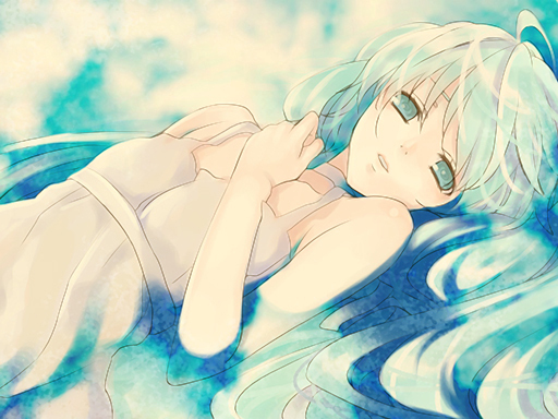 etoichika, hatsune miku, vocaloid, 1girl, aqua eyes, aqua hair, female focus, long hair, lying, on back, solo, twintails