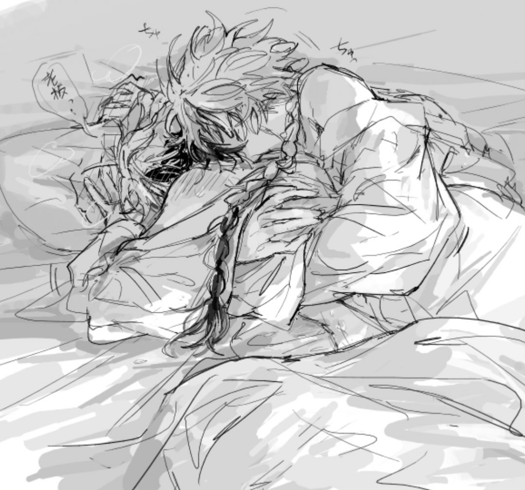 tyoookozuki, xia fei, xiao weiying, shiguang dailiren, commentary request, 2boys, anal, bare shoulders, bathrobe, bed, bed sheet, blanket, blush, braid, braided ponytail, closed eyes, greyscale, hand under clothes, hug, hug from behind, implied sex, long hair, lying, male focus, monochrome, multicolored hair, multiple boys, off shoulder, on back, on bed, on side, open clothes, open robe, pillow, robe, sex, sex from behind, shade, short hair, shoulder blush, single braid, sketch, sleeping, speech bubble, sweat, trembling, two-tone hair, under covers, yaoi