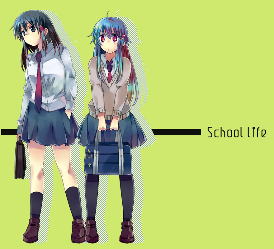 kimino tomonari, hakurei reimu, hinanawi tenshi, touhou, 2girls, alternate costume, bag, black hair, blue hair, contemporary, female focus, hair ornament, hairclip, long hair, multiple girls, necktie, pleated skirt, red eyes, school bag, school uniform, short hair, skirt, socks, thighhighs