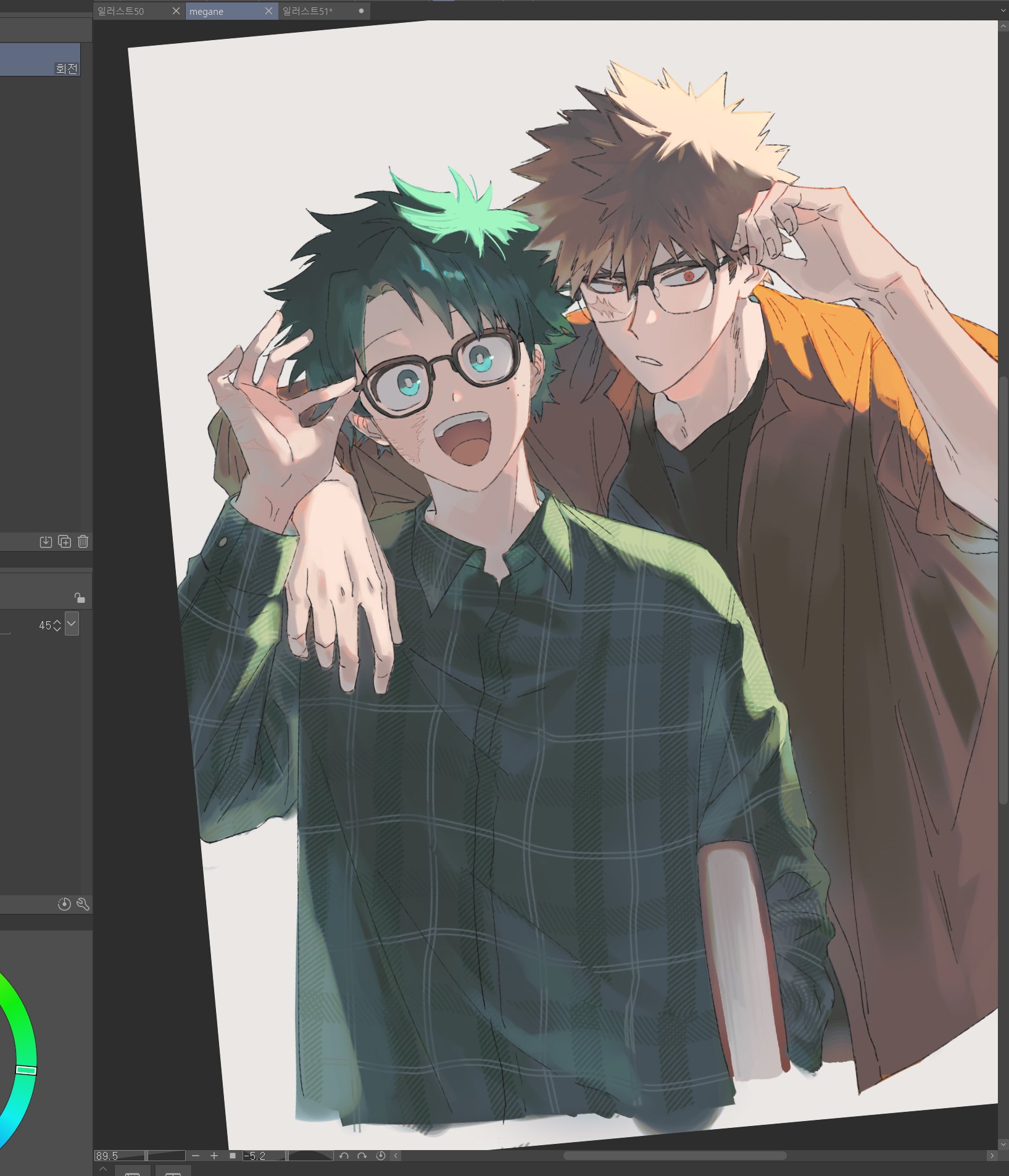 bakugou katsuki, midoriya izuku, boku no hero academia, commentary request, highres, korean commentary, unfinished, 2boys, adjusting eyewear, alternate costume, arm on another's shoulder, art program in frame, bespectacled, black-framed eyewear, black shirt, blonde hair, brown shirt, collared shirt, cropped torso, dmdtmt99, freckles, glasses, green hair, happy, long sleeves, looking at viewer, male focus, multiple boys, open clothes, open shirt, over-rim eyewear, red eyes, scar, scar on face, semi-rimless eyewear, shirt, short hair, sideburns, smile, spiked hair, upper body