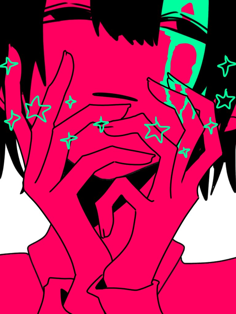 original, 1girl, adip0cere, black eyes, black hair, blood, blood from forehead, bloody tears, blunt bangs, close-up, green blood, hair between eyes, hand on own face, hands up, looking to the side, saturated, short hair, solo, star (symbol)