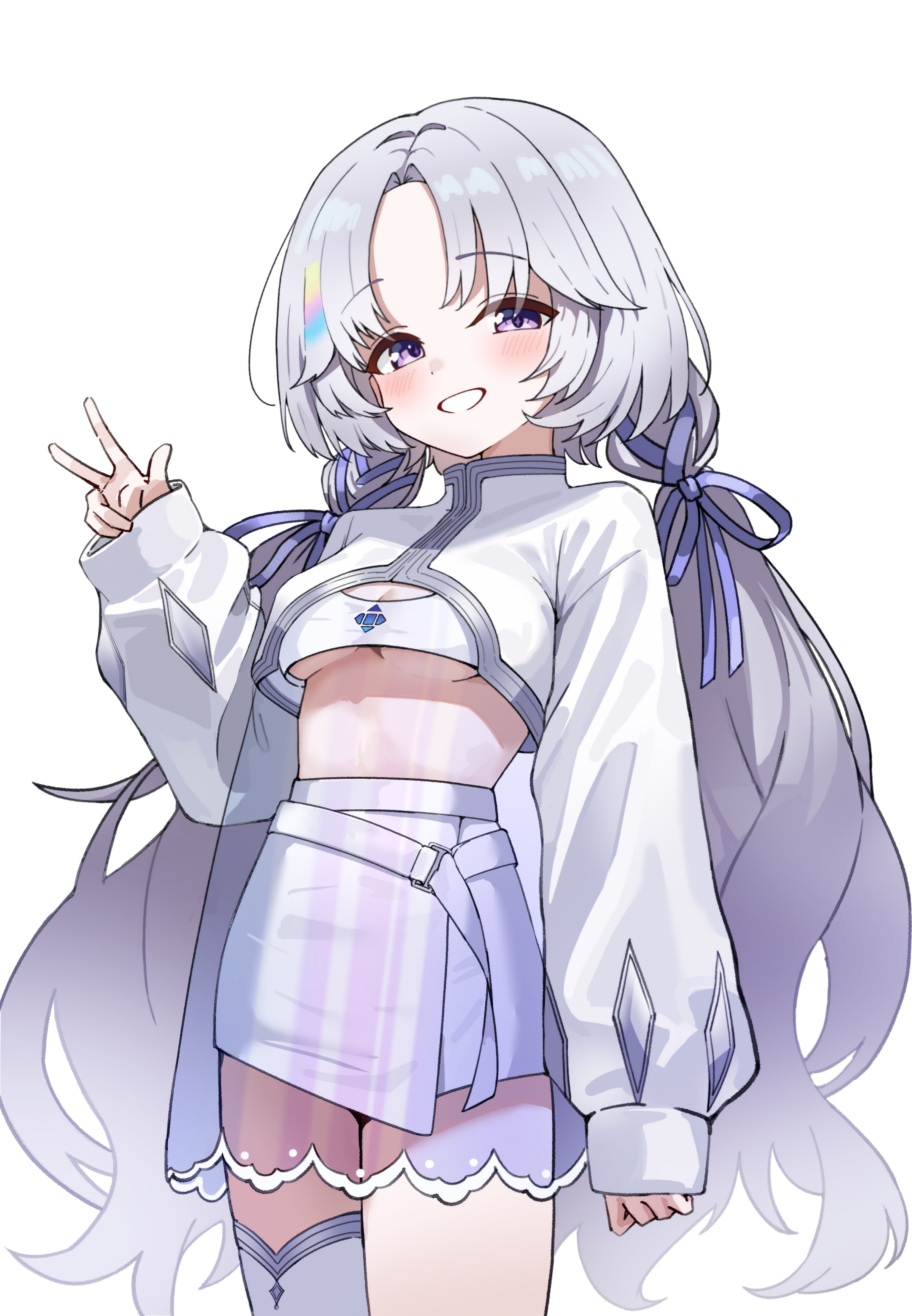 tay (cdjk7758), ayatsuno yuni, stellive, absurdres, hashtag-only commentary, highres, 1girl, arm at side, blush, breasts, cowboy shot, crop top, curtained hair, forehead, grey eyes, grey hair, grin, hand up, high-waist skirt, long hair, long sleeves, looking at viewer, low twintails, miniskirt, see-through clothes, shirt, side ponytail, simple background, skirt, smile, solo, standing, stomach, twintails, underboob, very long hair, virtual youtuber, w, white background, white shirt, white skirt