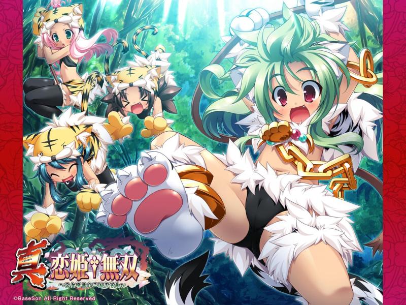 kuwada yuuki, mike (koihime musou), moukaku (koihime musou), shamu (koihime musou), tora (koihime musou), koihime musou, 00s, 4girls, animal ears, animal hands, brown hair, cameltoe, chain, earrings, fang, green eyes, green hair, jewelry, loli, multiple girls, panties, pink hair, red eyes, tail, thighhighs, underwear