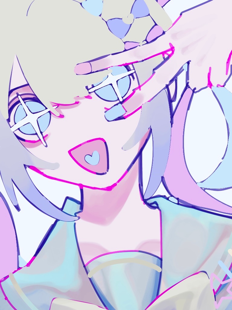 chouzetsusaikawa tenshi-chan, needy girl overdose, 1girl, :d, adip0cere, blonde hair, blue eyes, blue hair, blue sailor collar, blunt bangs, chest bow, colored tips, hair between eyes, heart, heart in mouth, looking at viewer, multicolored hair, open mouth, pink hair, portrait, quad tails, sailor collar, smile, solo, sparkling eyes, v, v over eye