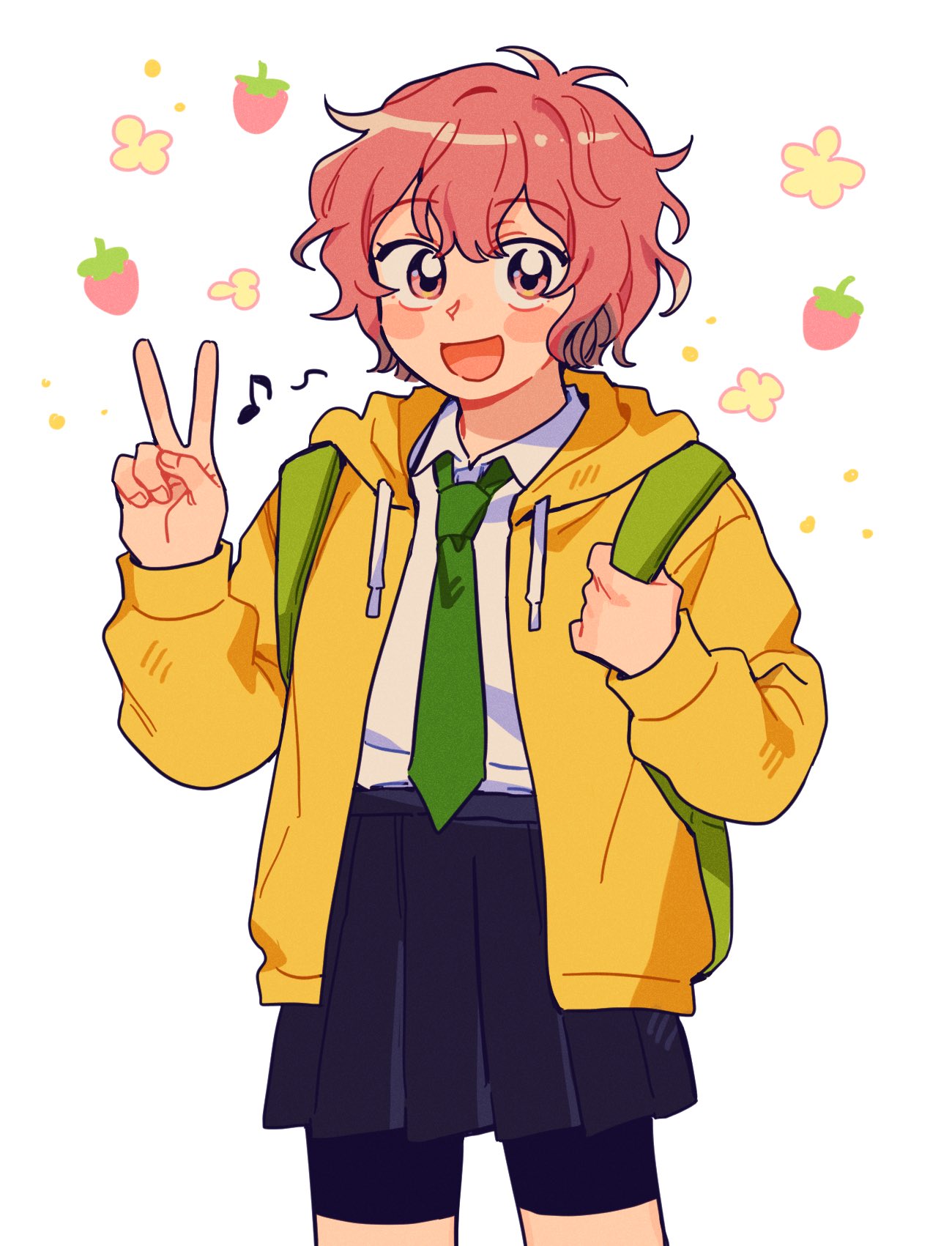 sihyun25, original, commentary request, highres, korean commentary, 1girl, antenna hair, backpack, bag, bike shorts, bike shorts under skirt, black shorts, black skirt, blush, collared shirt, eighth note, green necktie, hood, hooded jacket, jacket, long sleeves, looking at viewer, messy hair, musical note, necktie, open clothes, open jacket, open mouth, pink eyes, pink hair, pleated skirt, shirt, short hair, shorts, simple background, skirt, smile, v, white background, white shirt, yellow jacket