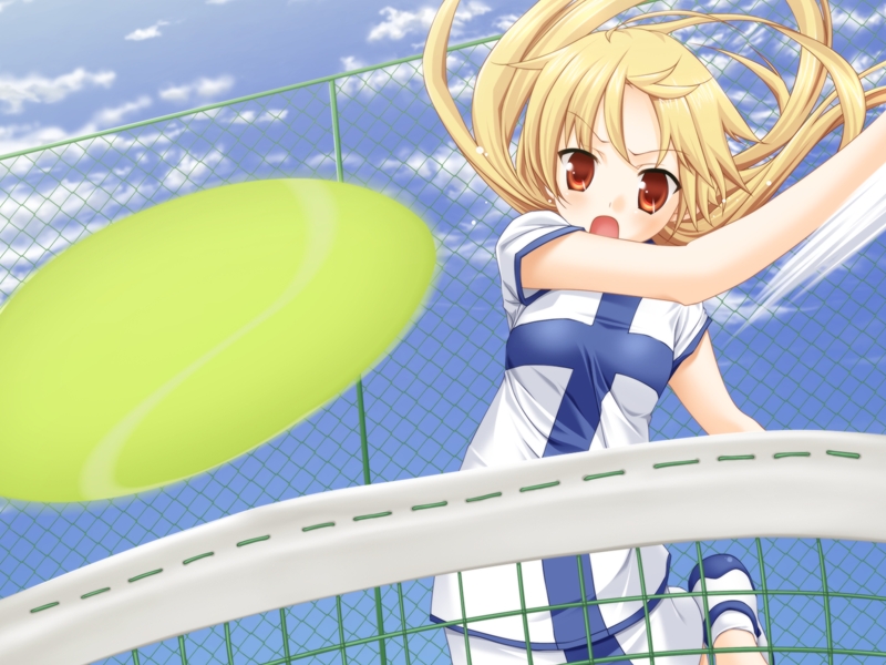 game cg, tagme, 1girl, ball, blonde hair, female focus, orange eyes, outdoors, sky, solo, sportswear, tennis, tennis ball, tennis net, tennis uniform