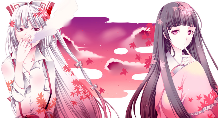 arisie, fujiwara no mokou, houraisan kaguya, touhou, silver hair, 2girls, black hair, bow, cigarette, female focus, hair bow, hair ribbon, leaf, long hair, multiple girls, red eyes, ribbon, smoke, smoking, suspenders
