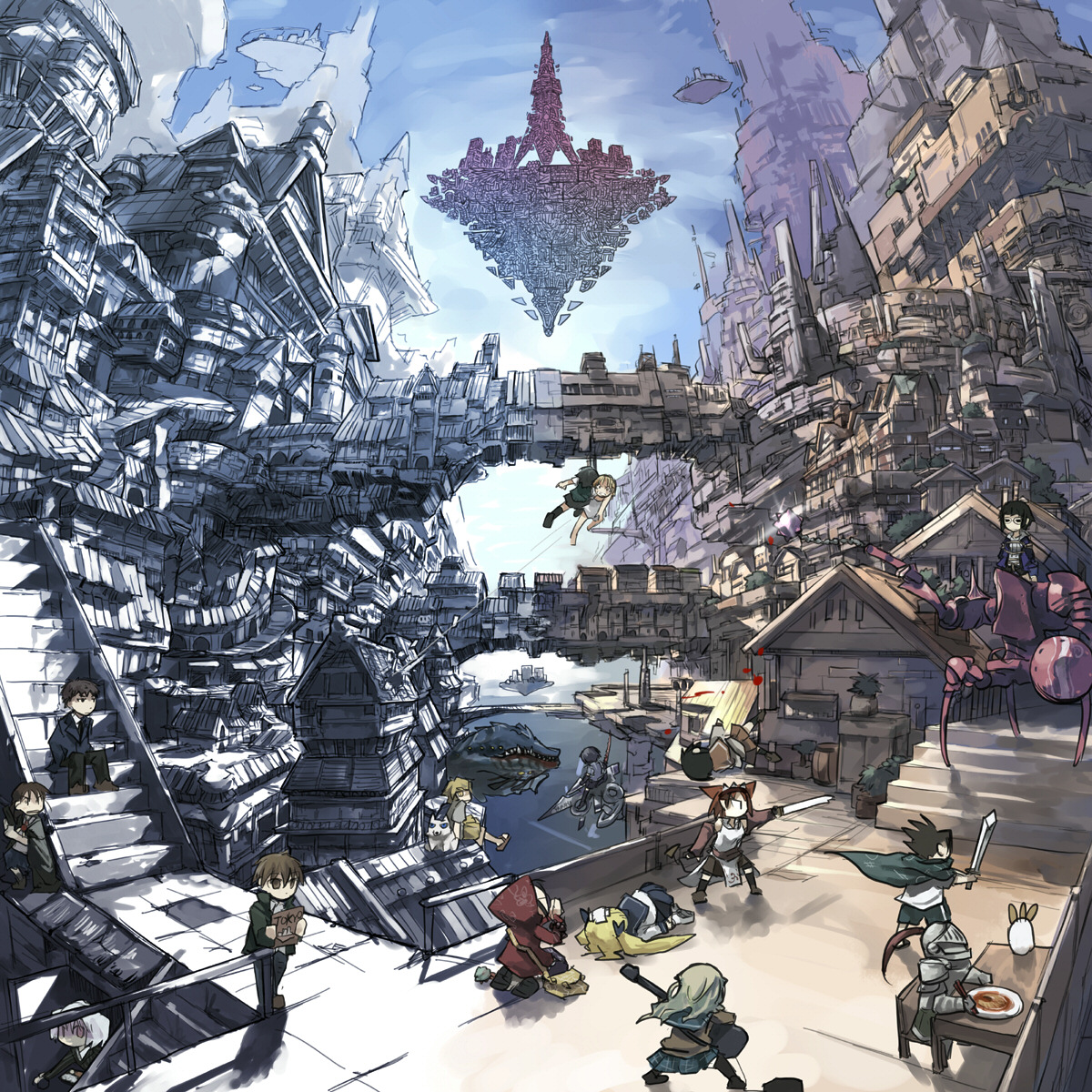 gregorius yamada, original, highres, 4boys, 6+girls, absurdly detailed composition, animal ears, armor, city, cityscape, complex exterior, dog, floating city, grand scale, multiple boys, multiple girls, sword, weapon