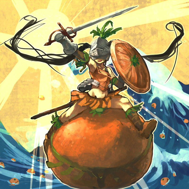 gregorius yamada, arancia, original, 1girl, armor, bare shoulders, black hair, female focus, food, food-themed clothes, fruit, helmet, knight, long hair, open mouth, orange (fruit), orange skirt, riding, shield, skirt, solo, sun, sword, twintails, water, waving, weapon