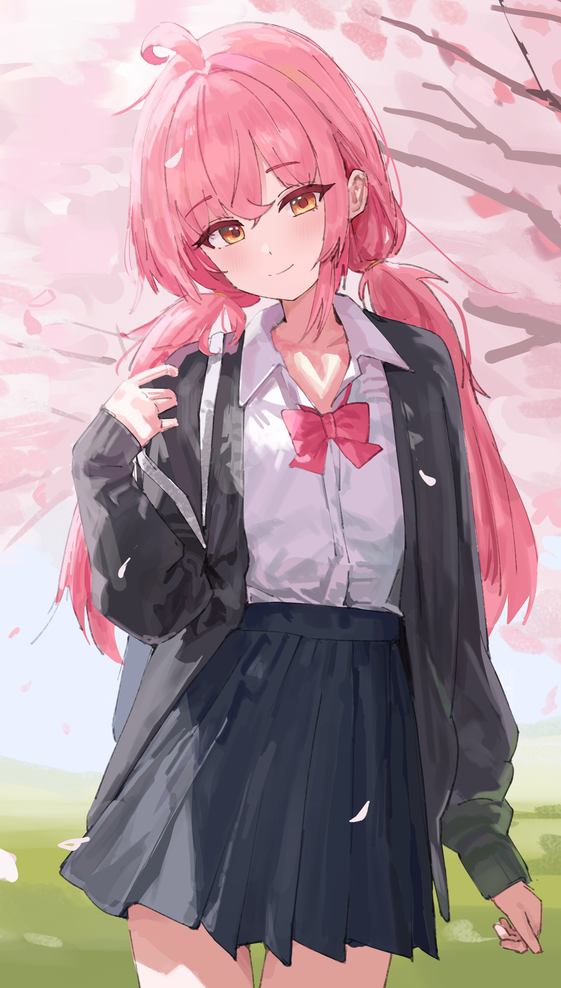 tay (cdjk7758), original, absurdres, commentary request, highres, 1girl, ahoge, arm at side, black skirt, bow, bowtie, cardigan, closed mouth, collared shirt, day, falling petals, grey cardigan, hand up, head tilt, long hair, looking at viewer, low twintails, miniskirt, open cardigan, open clothes, outdoors, petals, pink bow, pink bowtie, pink hair, pleated skirt, school uniform, shirt, shirt tucked in, skirt, smile, solo, standing, twintails, white shirt, yellow eyes