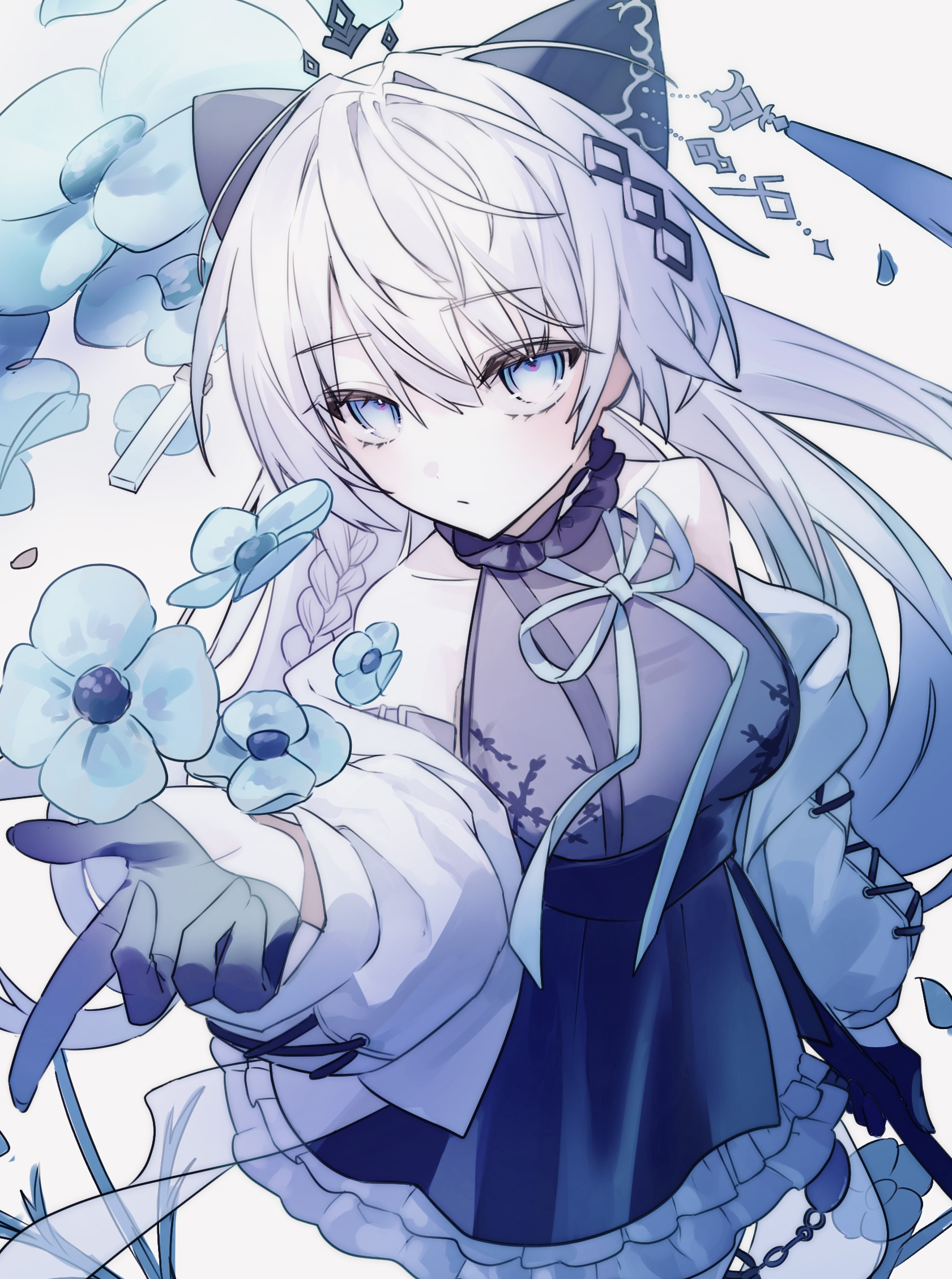 pia nano, arcaea, commentary, highres, 1girl, bare shoulders, black bow, black dress, black gloves, blue eyes, blue flower, blue ribbon, bow, braid, breasts, closed mouth, collarbone, cowboy shot, cross-laced clothes, cross-laced sleeves, dress, flower, frilled dress, frills, gloves, hair between eyes, hair bow, hair intakes, half gloves, jacket, long hair, long sleeves, looking at viewer, medium breasts, neck ribbon, open clothes, open jacket, ribbon, sleeveless, sleeveless dress, solo, standing, very long hair, white background, white hair, white jacket