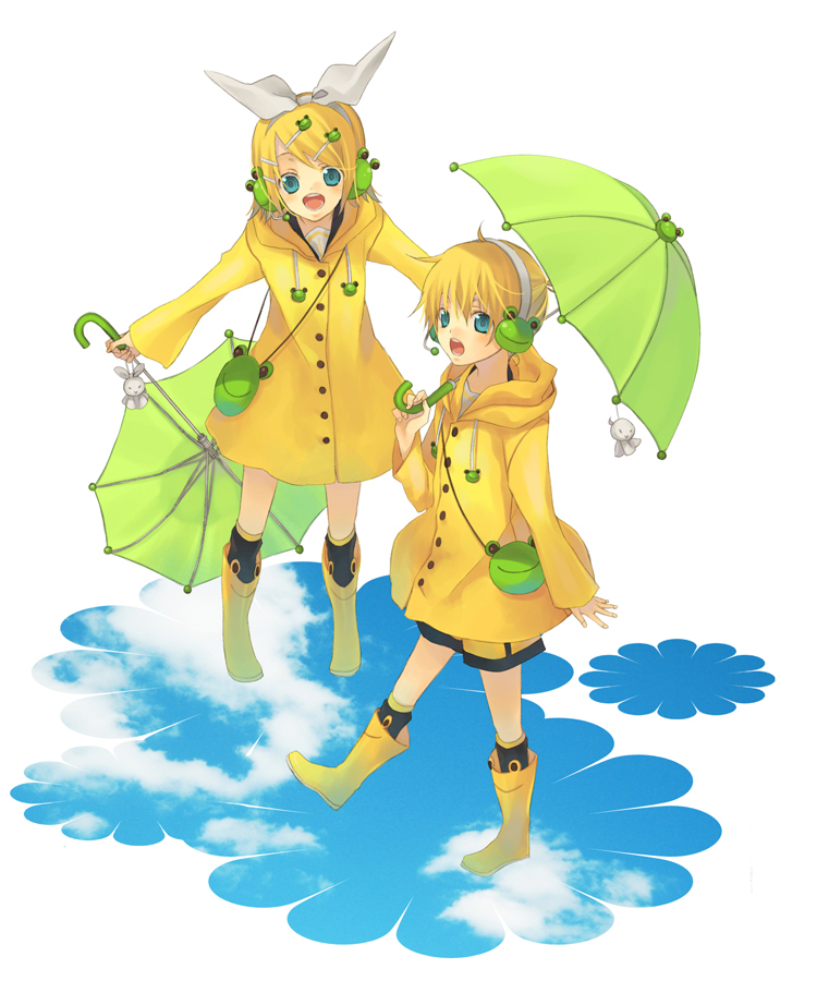 etoichika, kagamine len, kagamine rin, vocaloid, 1boy, 1girl, aqua eyes, blonde hair, boots, brother and sister, frog, hair ornament, hair ribbon, hairclip, headphones, headset, open mouth, raincoat, ribbon, short hair, shorts, siblings, twins, umbrella, yellow raincoat