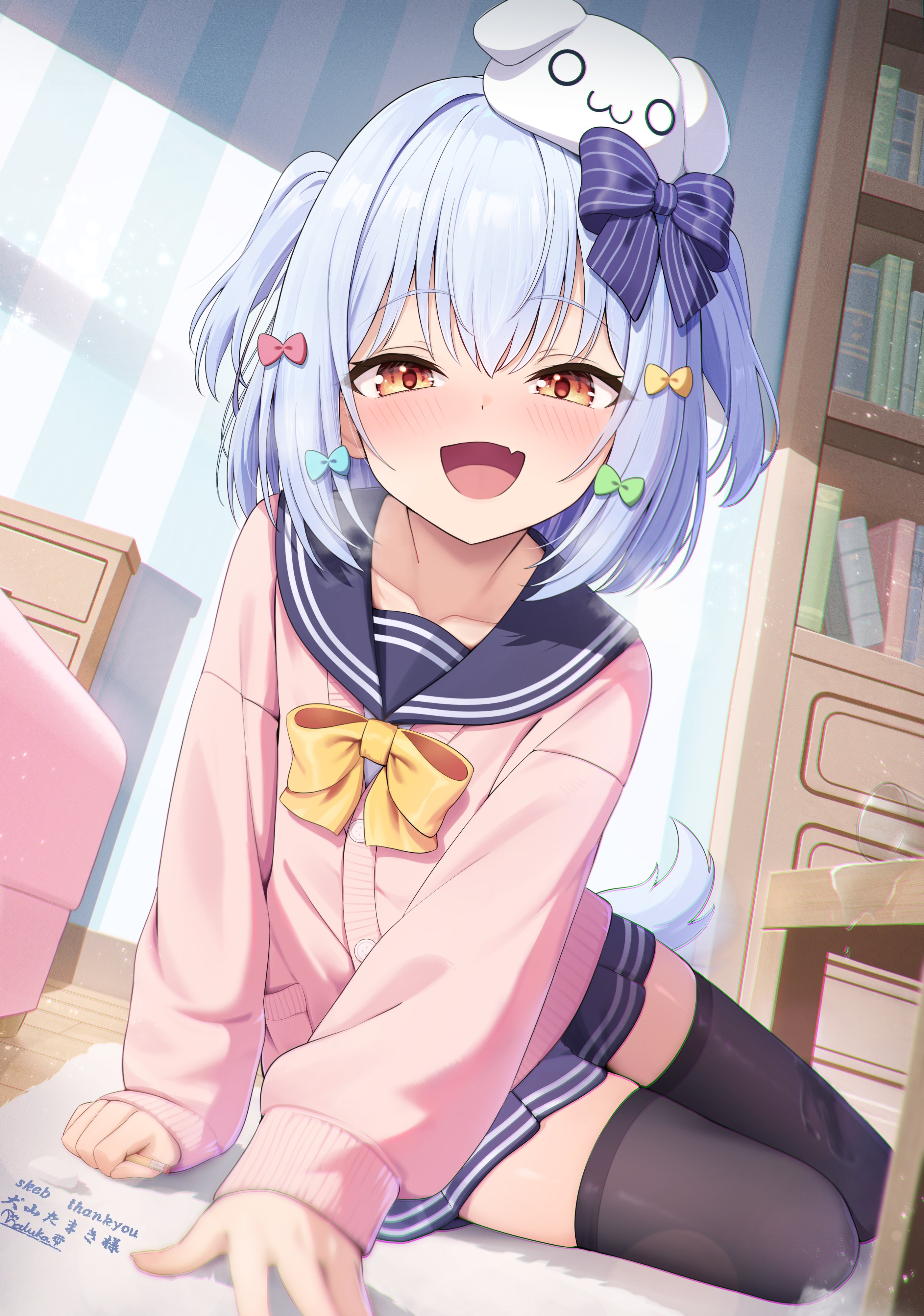 haluka o0, inuyama tamaki, inuyama tamaki (1st costume), noripro, absurdres, commentary request, highres, 1boy, animal ears, arm support, black thighhighs, blush, bow, cardigan, collarbone, dog boy, dog ears, dog tail, dutch angle, fang, grey hair, hair bow, hair ornament, looking at viewer, medium hair, open mouth, orange eyes, school uniform, sitting, skin fang, tail, thighhighs, trap, virtual youtuber, yellow bow, yokozuwari, zettai ryouiki