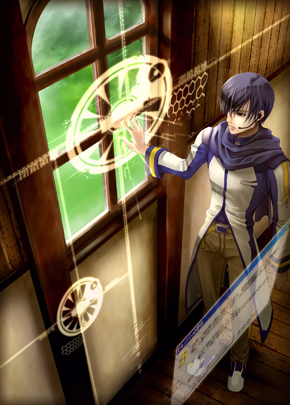 tamara, kaito (vocaloid), vocaloid, 1boy, blue eyes, blue hair, blue scarf, from above, full body, headset, hologram, holographic interface, indoors, male focus, matching hair/eyes, scarf, short hair, solo, standing, window, wooden floor
