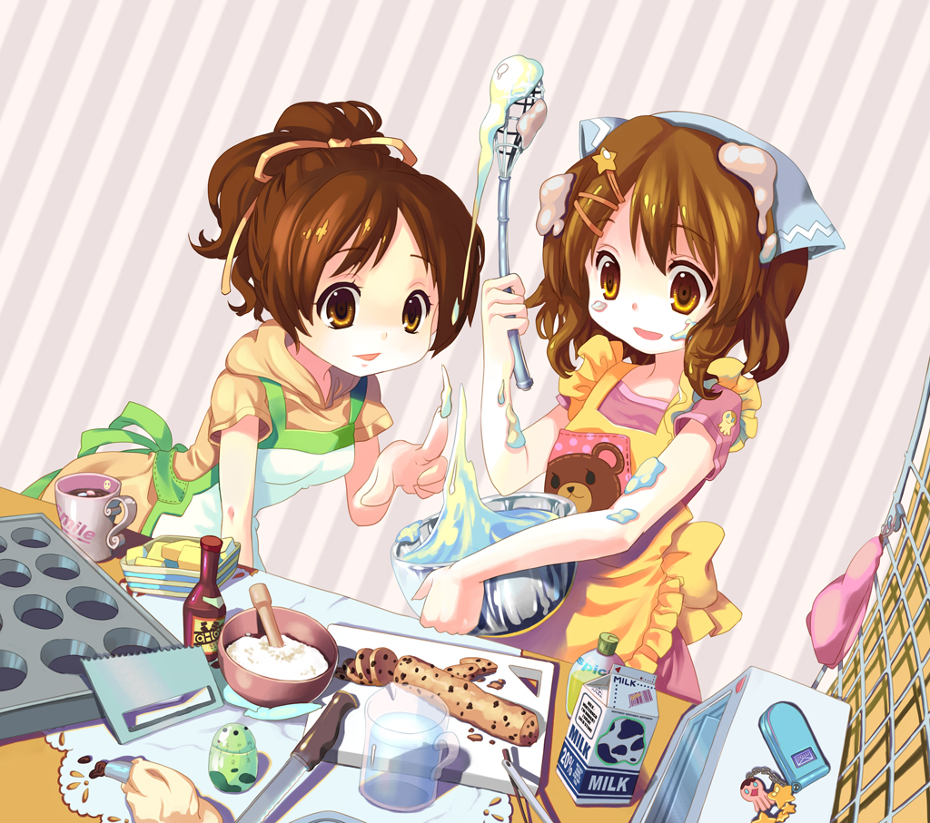 mintchoco (orange shabette), hirasawa ui, hirasawa yui, k-on!, messy, 00s, 2girls, apron, baking, bear, brown hair, cooking, drink carton, food, hair ornament, kitchen knife, knife, milk, milk carton, mortar (bowl), multiple girls, siblings, sisters, whisk