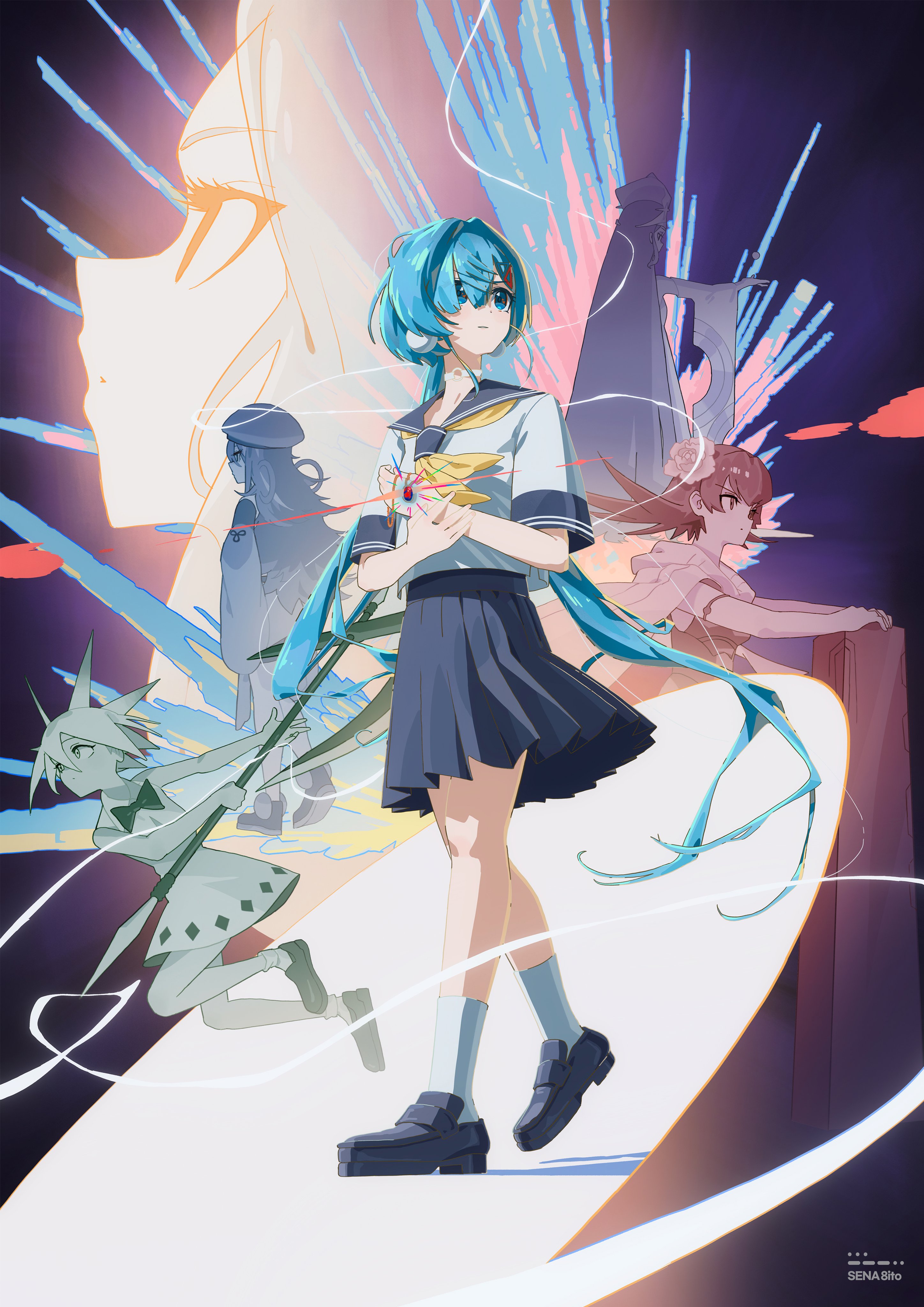 sena 8ito, original, absurdres, commentary request, highres, korean commentary, mixed-language commentary, 6+girls, black sailor collar, black shoes, black skirt, blue eyes, blue hair, double-parted bangs, dress, flower, hair between eyes, hair flower, hair ornament, hairclip, holding, holding weapon, loafers, long bangs, long hair, looking to the side, multiple girls, neckerchief, parted lips, pleated skirt, poster (medium), sailor collar, school uniform, serafuku, serious, shirt, shoes, short sleeves, skirt, sleeveless, sleeveless dress, socks, spiked hair, twintails, very long hair, walking, weapon, white shirt, white socks, yellow neckerchief