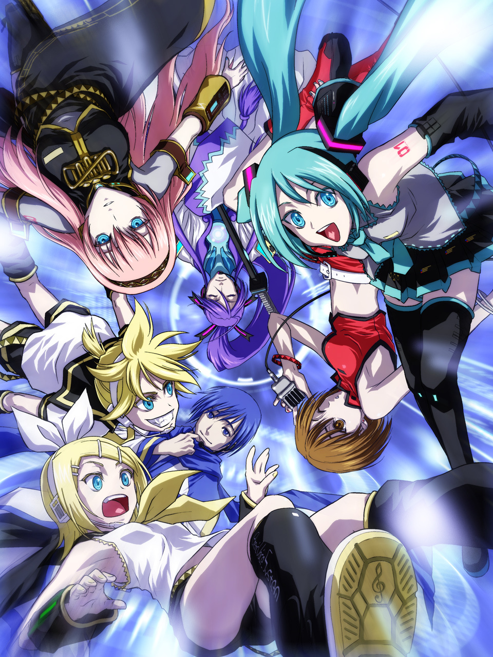 iga tomoteru, hatsune miku, kagamine len, kagamine rin, kaito (vocaloid), kamui gakupo, megurine luka, meiko (vocaloid), vocaloid, bad id, bad piapro id, highres, 3boys, 4girls, aqua eyes, aqua hair, blonde hair, blue eyes, blue hair, brown eyes, brown hair, closed eyes, hair ornament, hair ribbon, hairclip, headphones, headset, microphone, multiple boys, multiple girls, one eye closed, pink hair, ponytail, purple hair, ribbon, short hair, shorts, skirt, smile, thighhighs, twintails, wink, zettai ryouiki