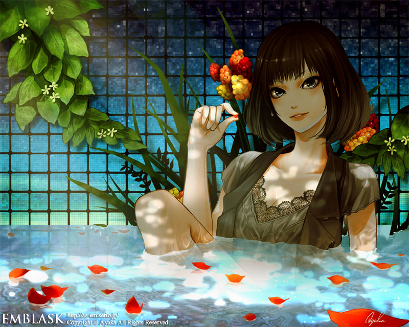 suda ayaka, original, bad id, bad pixiv id, tagme, brown hair, grey eyes, petals, solo