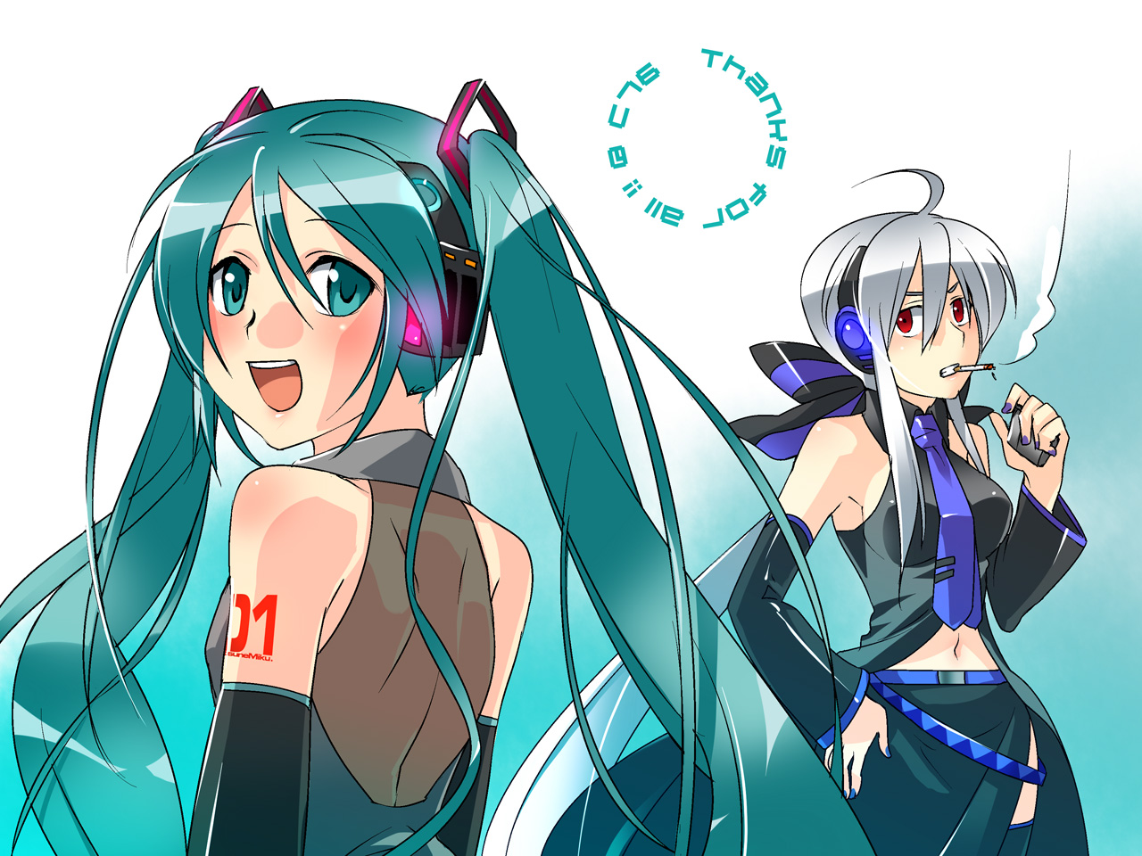 caffein, hatsune miku, yowane haku, vocaloid, silver hair, 2girls, cigarette, detached sleeves, green eyes, green hair, long hair, multiple girls, red eyes, ribbon, smile, smoking, tattoo, twintails, very long hair