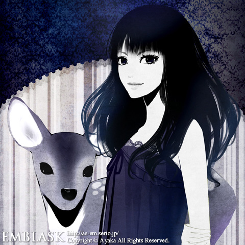 suda ayaka, original, bad id, bad pixiv id, lowres, 1girl, black hair, deer, female focus, grey eyes, smile, solo
