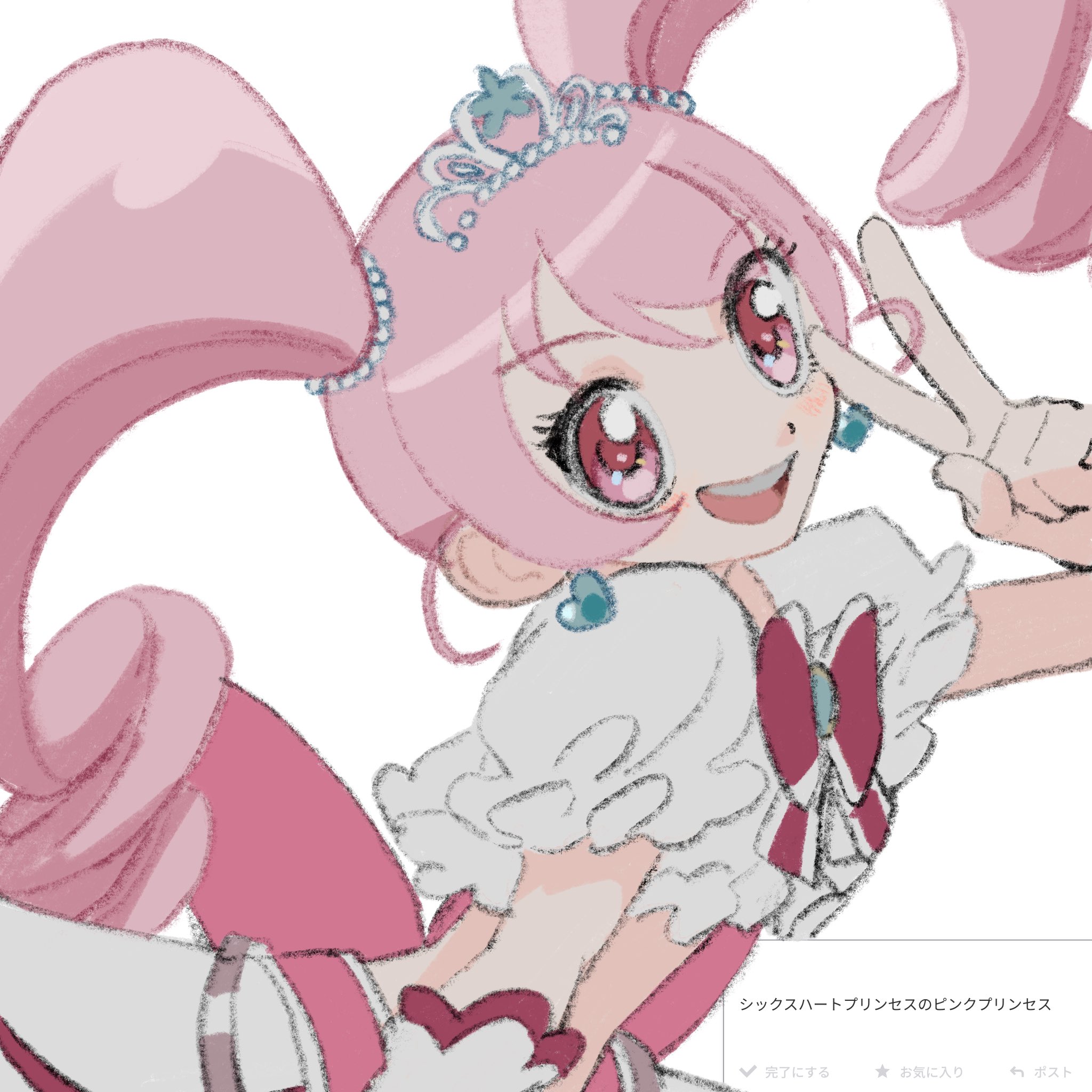 subro, hani haruka, odaibako, six heart princess, bad id, bad twitter id, highres, translation request, 1girl, earrings, heart, heart earrings, jewelry, long hair, looking at viewer, magical girl, navel, open mouth, pink eyes, pink hair, pink princess, puffy short sleeves, puffy sleeves, request inset, ringlets, shirt, short sleeves, skirt, smile, solo, tiara, twintails, v, white background, white shirt, white skirt