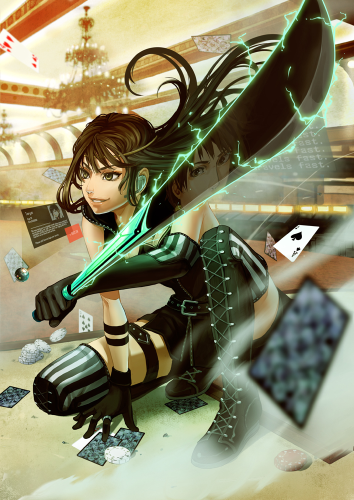 suda ayaka, original, striped, bad id, bad pixiv id, 1girl, belt, black hair, boots, brown eyes, brown hair, card, circlet, elbow gloves, electricity, female focus, floating card, gloves, headset, jewelry, katana, kneeling, long hair, playing card, poker chip, reflection, ring, smile, solo, sword, thigh boots, thighhighs, weapon