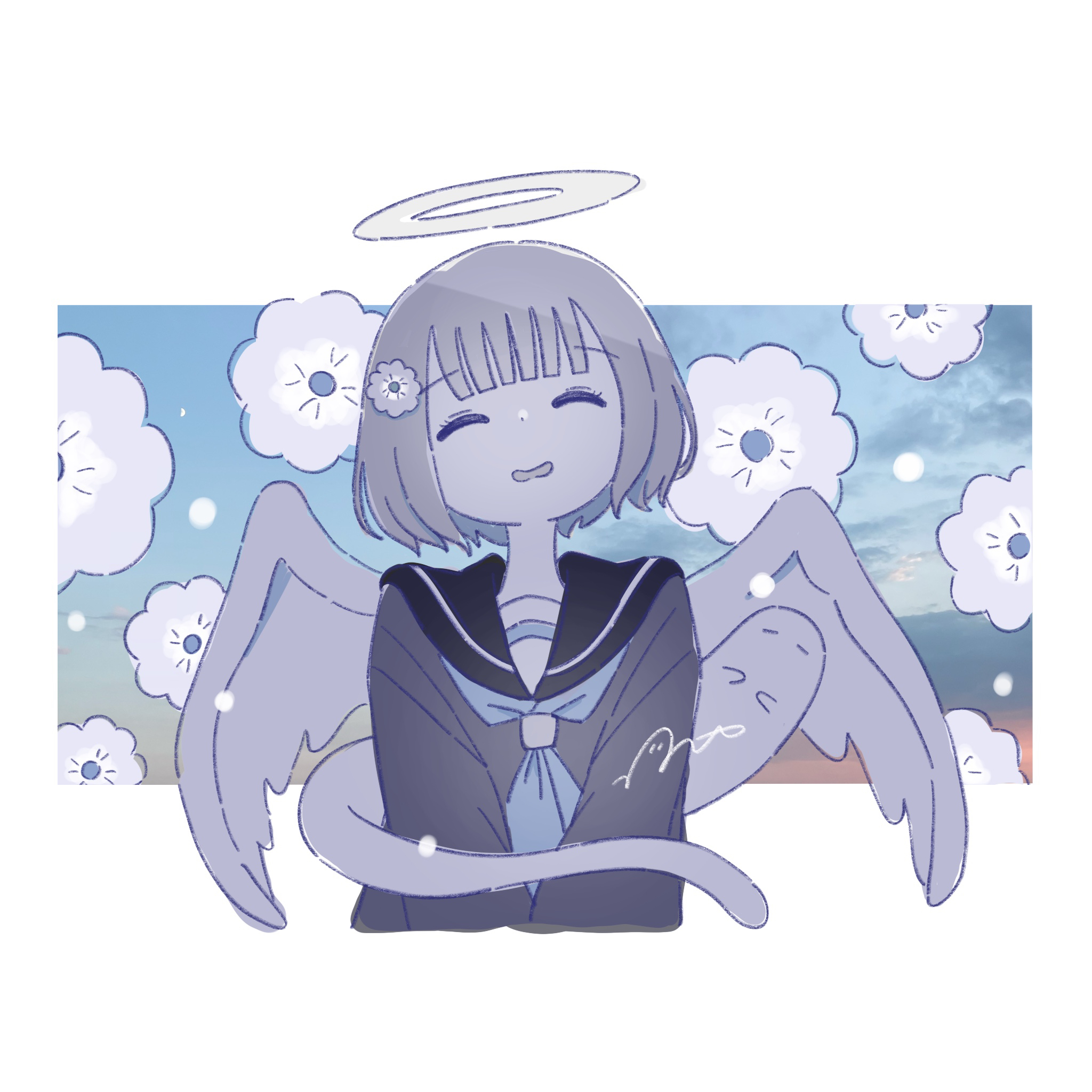 omochi noa, original, commentary request, highres, angel, closed eyes, facing viewer, flower, ghost, halo, outside border, school uniform, serafuku, signature, smile, traditional halo, upper body, wings