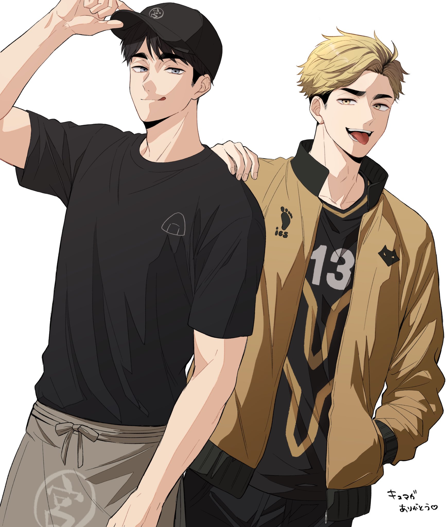 miya atsumu, miya osamu, haikyuu!!, commentary request, highres, translation request, 2boys, :q, adjusting clothes, adjusting headwear, aged up, apron, baseball cap, black hair, black hat, black pants, blonde hair, bright 7wt, brothers, brown eyes, food print, grey eyes, hand in pocket, hand on another's shoulder, hat, looking at viewer, male focus, mismatched eyebrows, msby black jackals jacket, msby black jackals volleyball uniform, multicolored hair, multiple boys, onigiri print, pants, short hair, siblings, sideburns, simple background, smile, standing, teeth, tongue, tongue out, twins, two-tone hair, undercut, waist apron, white background
