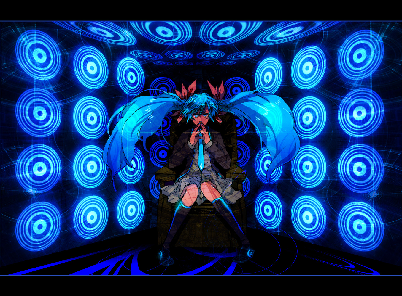 tkh, hatsune miku, vocaloid, bad id, bad pixiv id, 1girl, blue eyes, blue hair, boots, female focus, hair ribbon, letterboxed, long hair, matching hair/eyes, necktie, ribbon, sitting, solo, very long hair