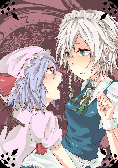 chikasatani, daina (encore62), izayoi sakuya, remilia scarlet, touhou, silver hair, 2girls, bat wings, blue eyes, blue hair, braid, female focus, hat, multiple girls, red eyes, short hair, twin braids, wings