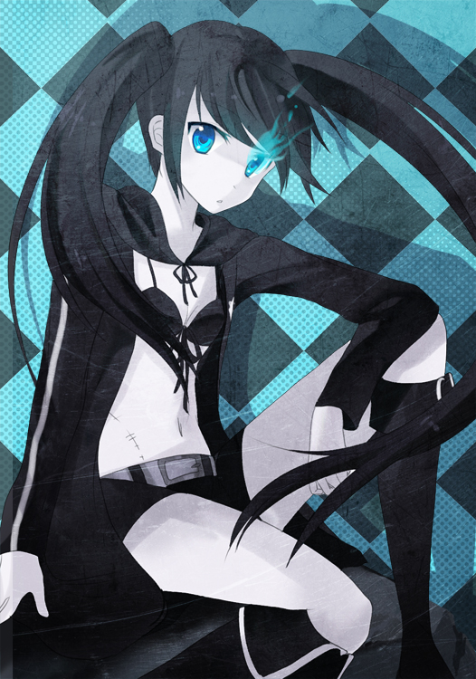 chocho (homelessfox), black rock shooter (character), black rock shooter, bad id, bad pixiv id, 10s, 1girl, bikini, bikini top only, blue eyes, female focus, glowing, glowing eyes, monochrome, navel, sitting, solo, swimsuit