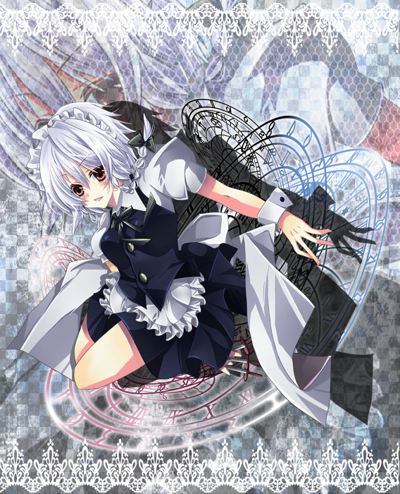 hinayu, izayoi sakuya, touhou, silver hair, bad id, bad pixiv id, 1girl, braid, breasts, female focus, hairband, knife, maid, red eyes, solo, throwing knife, twin braids, weapon