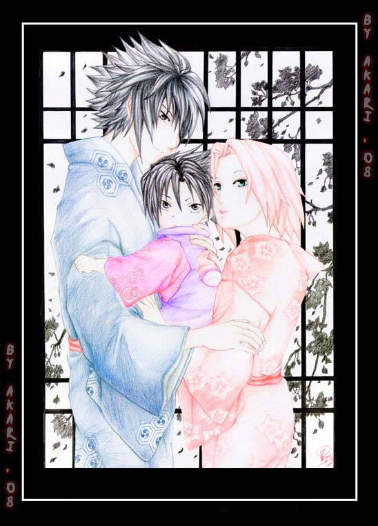 haruno sakura, uchiha sasuke, naruto (classic), naruto (series), artist request, 1girl, 2boys, child, family, if they mated, japanese clothes, kimono, multiple boys
