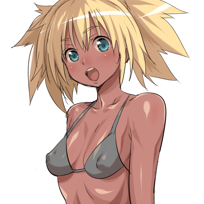 poporon, 1girl, aqua eyes, bikini, blonde hair, blush, breasts, covered erect nipples, dark-skinned female, dark skin, female focus, short hair, small breasts, solo, swimsuit