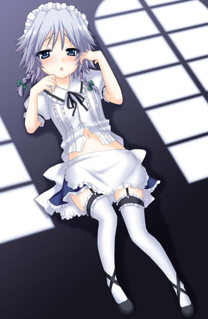 saki chisuzu, izayoi sakuya, touhou, silver hair, 1girl, apron, blue eyes, blush, braid, female focus, full body, indoors, lying, maid, midriff, navel, short hair, skirt, solo, thighhighs, twin braids