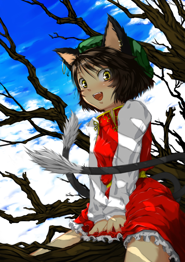 mutsutsu, mututu, chen, touhou, 1girl, animal ears, brown hair, cat ears, cat girl, cat tail, earrings, fangs, female focus, hat, jewelry, multiple tails, short hair, solo, tail, yellow eyes