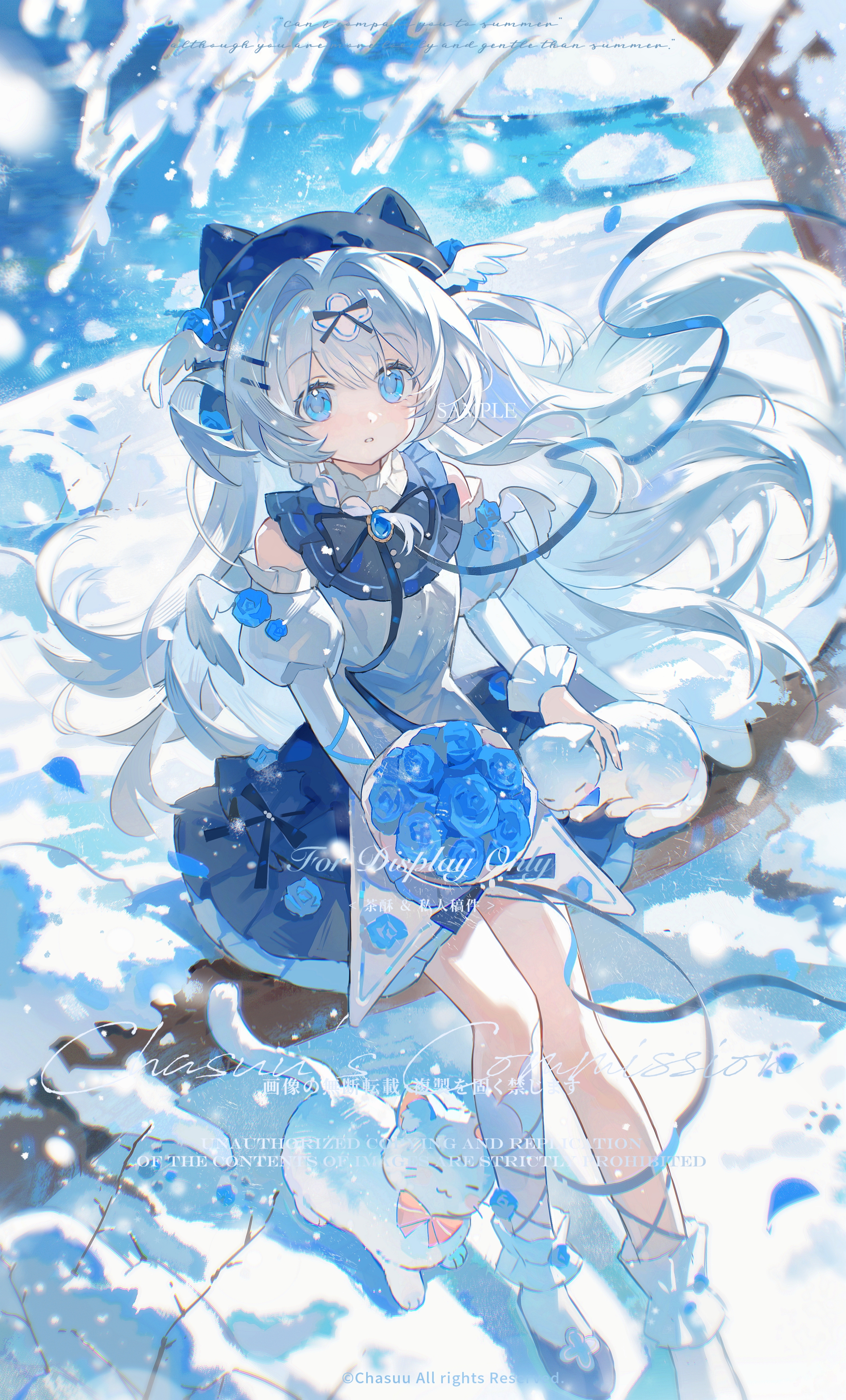 original, absurdres, highres, 1girl, animal, bare shoulders, black bow, black bowtie, blue eyes, blue flower, blue hat, blue rose, blue shoes, blue skirt, bow, bowtie, cat, day, double-parted bangs, flower, frilled skirt, frills, full body, hat, juliet sleeves, long hair, long sleeves, looking at viewer, outdoors, parted lips, puffy sleeves, rose, shirt, shoes, sitting, skirt, snow, socks, solo, watermark, white hair, white shirt, white socks, winter, yi kuai cha suyou
