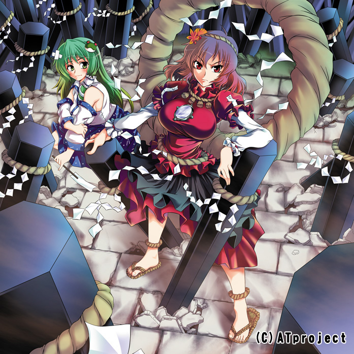 hasekura noizu, kochiya sanae, yasaka kanako, touhou, 2girls, anklet, breasts, detached sleeves, feet, female focus, frog, green eyes, green hair, hair ornament, japanese clothes, jewelry, large breasts, leaf hair ornament, miko, multiple girls, onbashira, purple hair, red eyes, sandals, short hair, snake