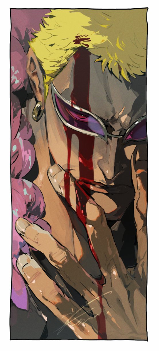 nitoera ne, donquixote doflamingo, one piece, highres, 1boy, blonde hair, blood, blood on face, coat, earrings, hand on own chin, jewelry, looking at viewer, male focus, pink coat, portrait, purple-tinted eyewear, red eyes, short hair, smile, sunglasses, tinted eyewear
