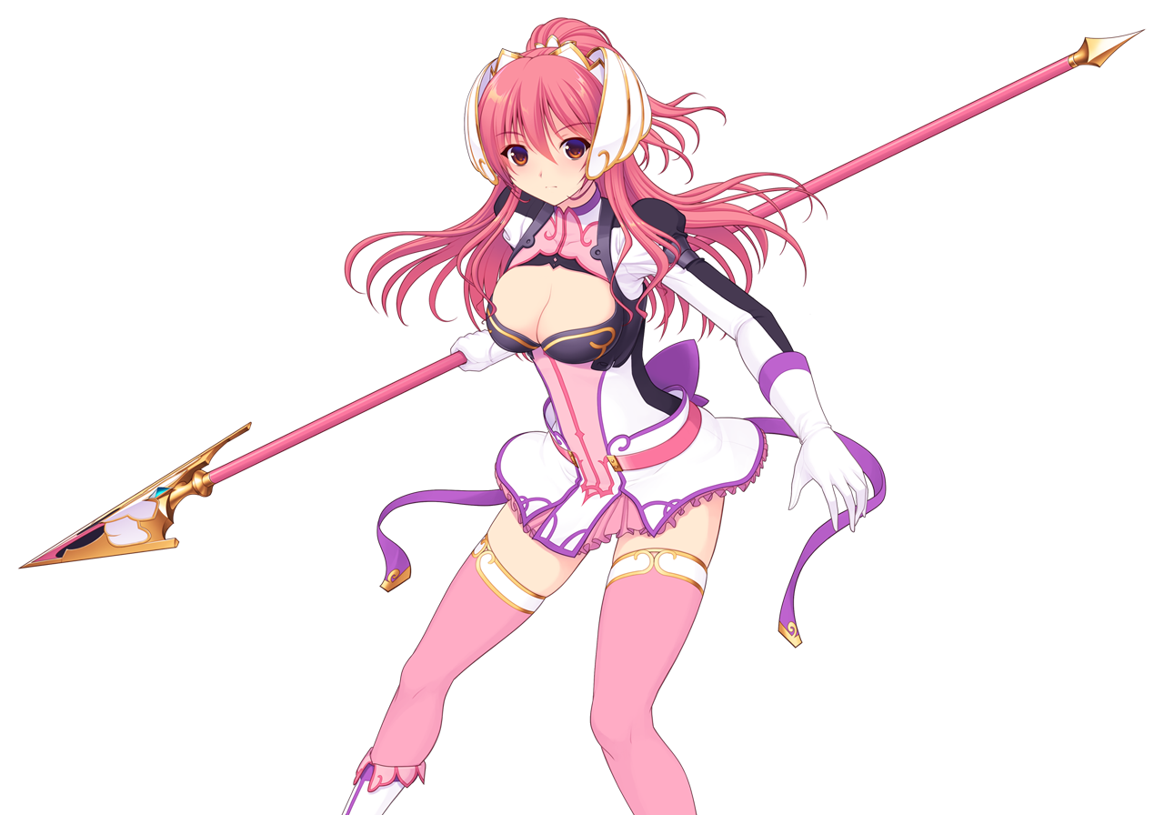 saitou natsuki, suhamaya, en ciel rena, en ciel rena (sin), tomoe rena, kourin tenshi en ciel rena, game cg, large variant set, non-web source, official art, variant set, 1girl, boots, breasts, cleavage, cleavage cutout, clothing cutout, dress, gloves, hair ornament, headgear, holding, holding behind back, holding polearm, holding polearm behind back, holding weapon, holding weapon behind back, large breasts, long hair, long sleeves, looking at viewer, miniskirt, pink hair, pink thighhighs, polearm, ponytail, red eyes, short dress, skirt, solo, spear, thighhighs, transparent background, weapon, white gloves, zettai ryouiki