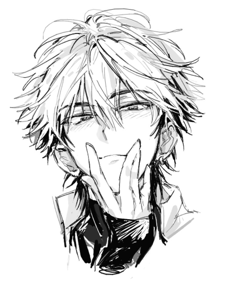 tyoookozuki, xia fei, shiguang dailiren, 1boy, blush, closed mouth, earrings, fingernails, greyscale, hair between eyes, half-closed eyes, hand on own chin, hand on own face, hand up, jacket, jewelry, looking at viewer, male focus, messy hair, monochrome, multicolored hair, portrait, shirt, short hair, simple background, sketch, sleeves past wrists, smile, solo, turtleneck, two-tone hair, white background