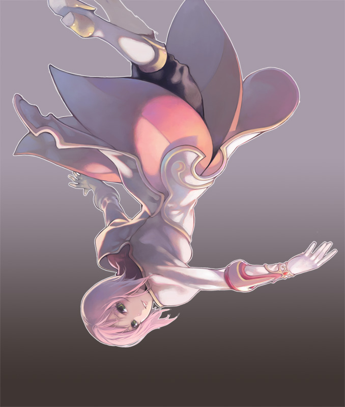 aoin, estellise sidos heurassein, tales of (series), tales of vesperia, 00s, 1girl, boots, female focus, gloves, green eyes, grey background, knee boots, pink hair, short hair, simple background, skirt, smile, solo, upside-down