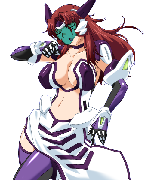 gan-chan (artist), hitozuma sentai aisaiger, game cg, large variant set, non-web source, official art, variant set, 1girl, akanejima ranga, armor, breasts, center opening, choker, cleavage, closed eyes, collarbone, covered erect nipples, dress, elbow gloves, gloves, headgear, large breasts, long hair, magical girl, midriff, navel, open mouth, purple thighhighs, red hair, revealing clothes, saiger orchid, solo, thighhighs, transparent background