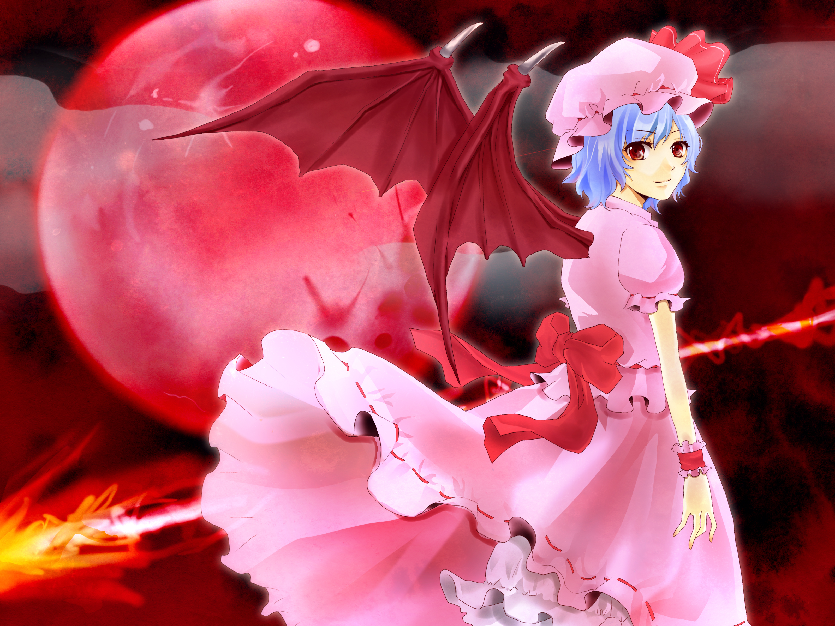 ice 9 kingdom, mocha (ng), remilia scarlet, touhou, absurdres, bad id, bad pixiv id, highres, 1girl, bat wings, blue hair, female focus, hat, moon, polearm, red eyes, red moon, short hair, solo, spear, spear the gungnir, weapon, wings