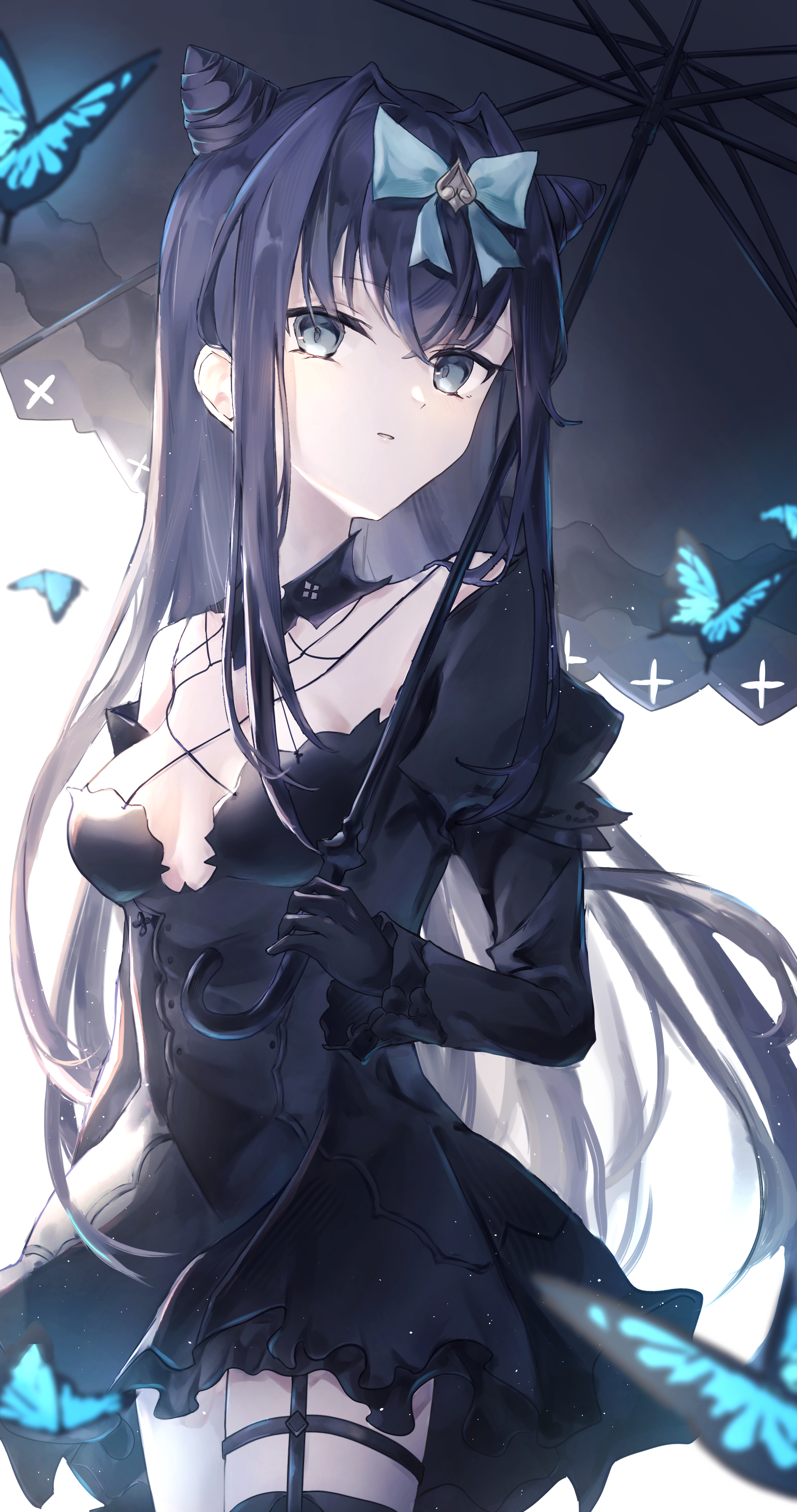 tairitsu (arcaea), tairitsu (tempest) (arcaea), arcaea, absurdres, commentary request, highres, 1girl, black dress, black gloves, black hair, black umbrella, blue bow, blue butterfly, bow, breasts, bug, butterfly, cone hair bun, cowboy shot, crossed bangs, dress, gloves, grey eyes, hair bow, hair bun, hair intakes, holding, holding umbrella, insect, light particles, long hair, long sleeves, looking at viewer, short dress, sidelocks, small breasts, solo, standing, tsukune ekaki, umbrella, very long hair