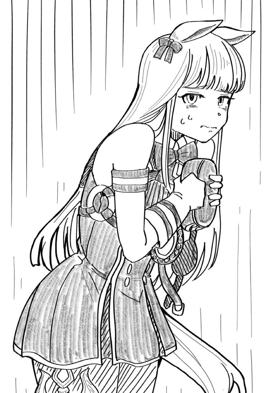 hu-min (okok6341), gold ship (red strife) (umamusume), gold ship (umamusume), umamusume, commentary request, highres, 1girl, animal ears, armband, blunt bangs, bow, bowtie, breasts, dress, ear bow, ear ribbon, gloves, grey hair, hat, horse ears, horse girl, horse tail, horseshoe ornament, long hair, looking at viewer, monochrome, pillbox hat, solo, striped armband, striped clothes, tail